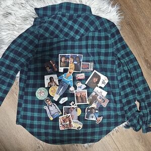 Plaid Flannel Shirt with Graphic Patches